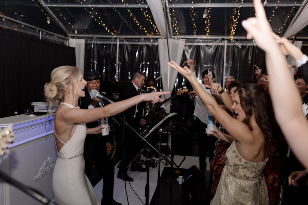 bride and guests dancing at her wedding reception in spartanburg sc