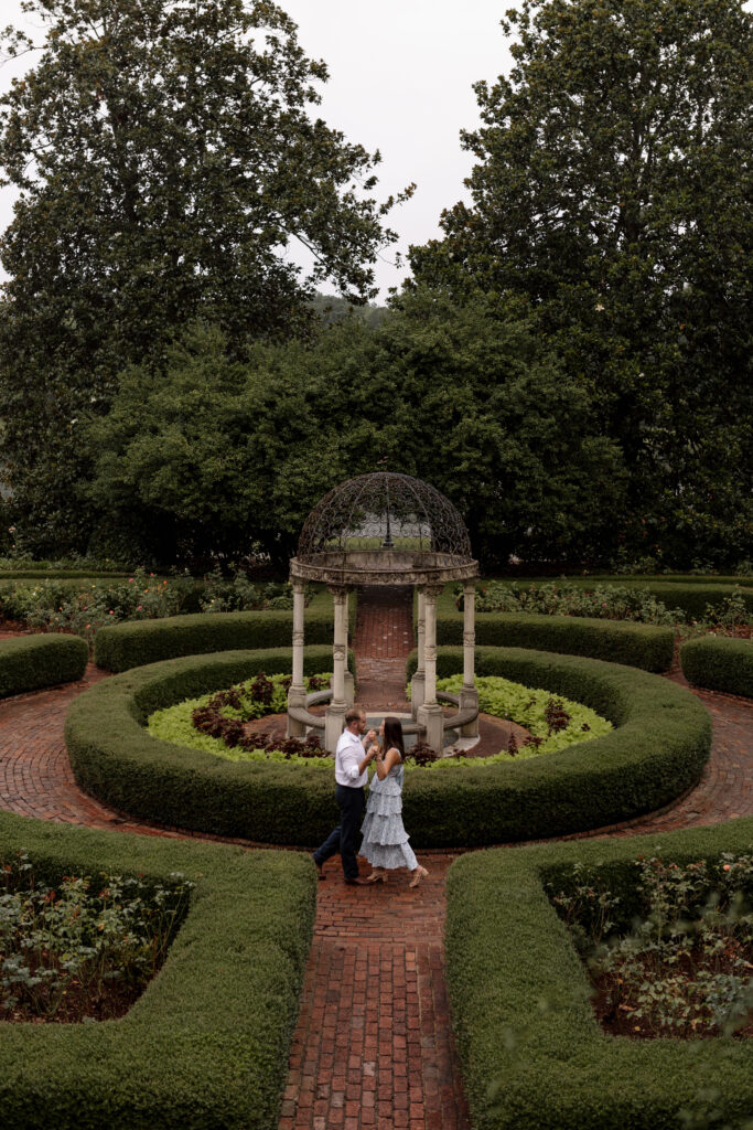 couple dancing in a rose garden from far away