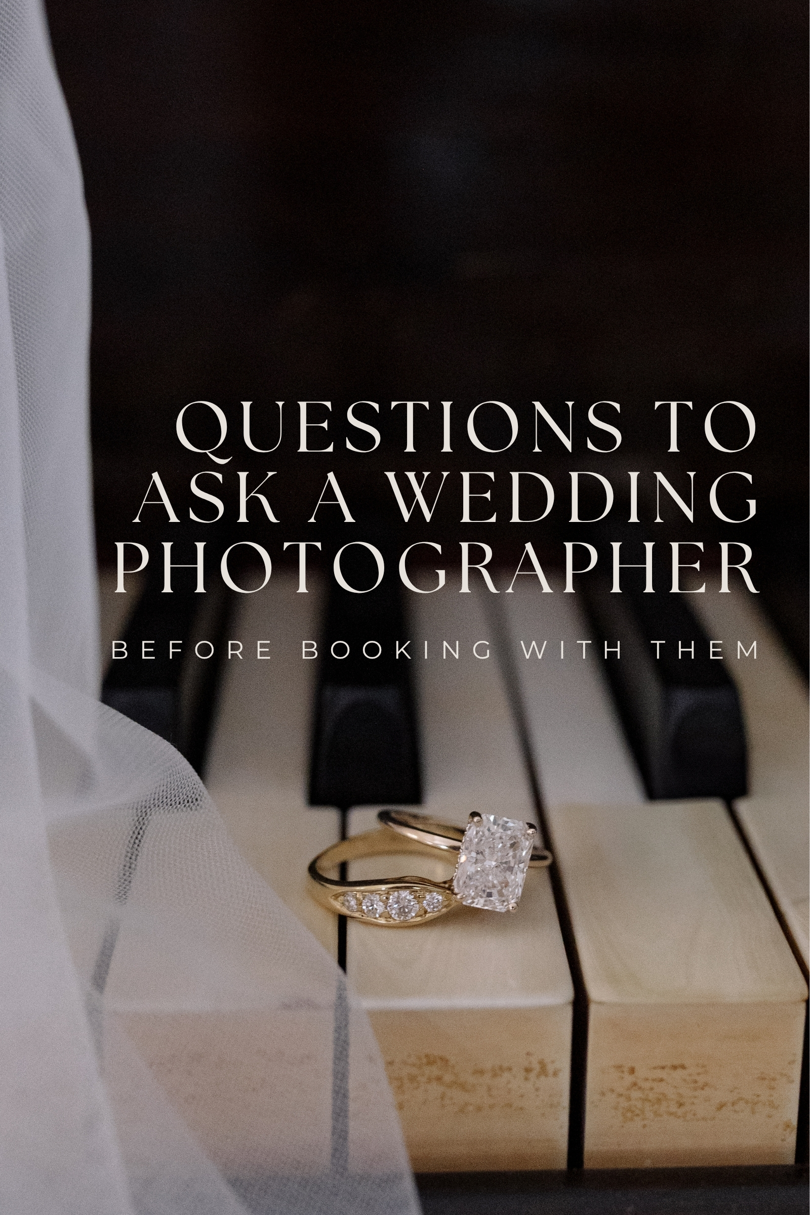 veil draped over the piano and wedding band and engagement ring sitting on keys